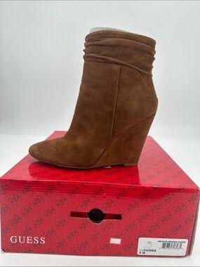 UEC Guess tan faux suede wedge ankle high booties size 9